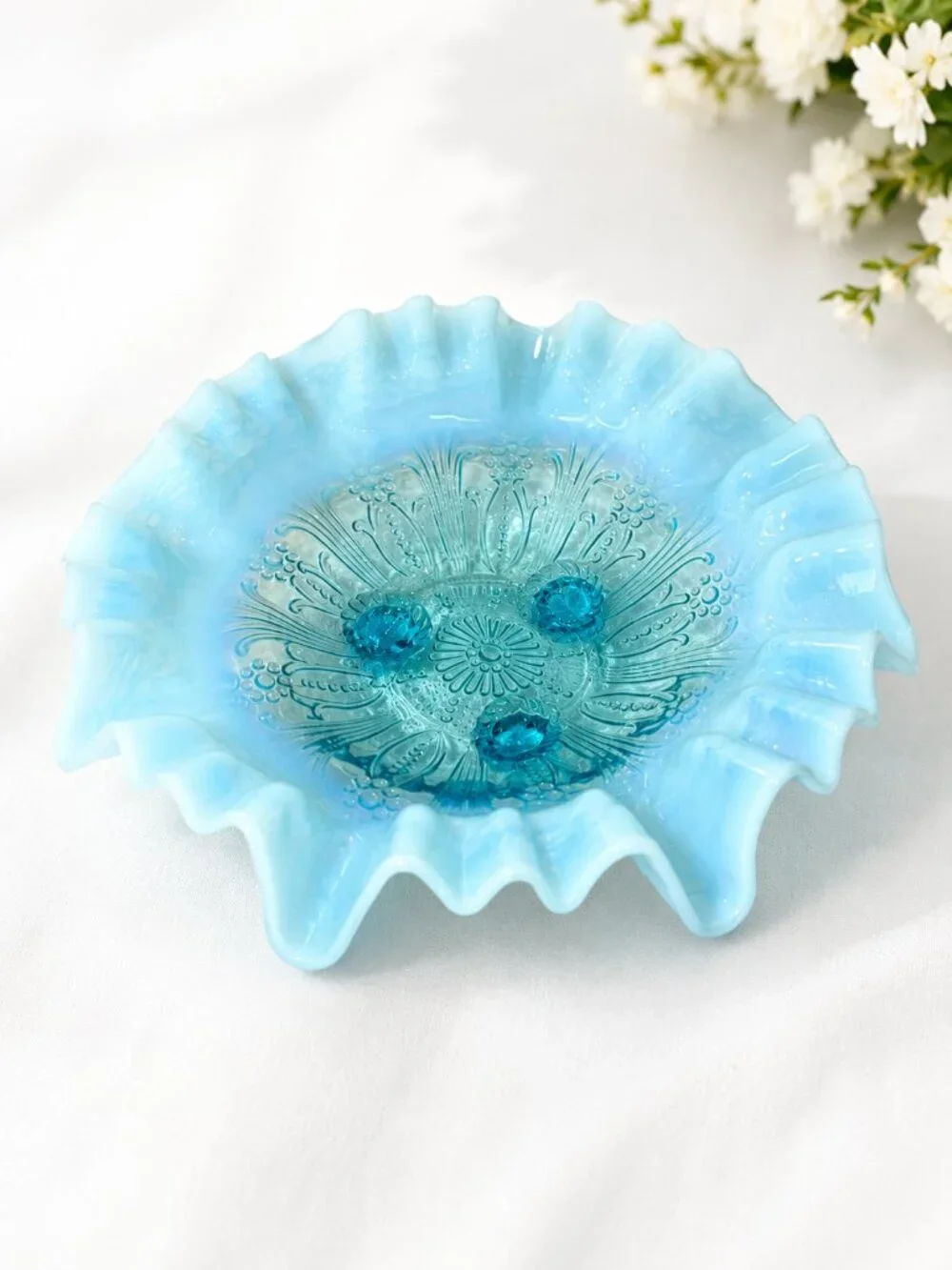 Antique Jefferson Blue Opalescent Beaded Fleur De Lis Footed Ruffled Glass Bowl